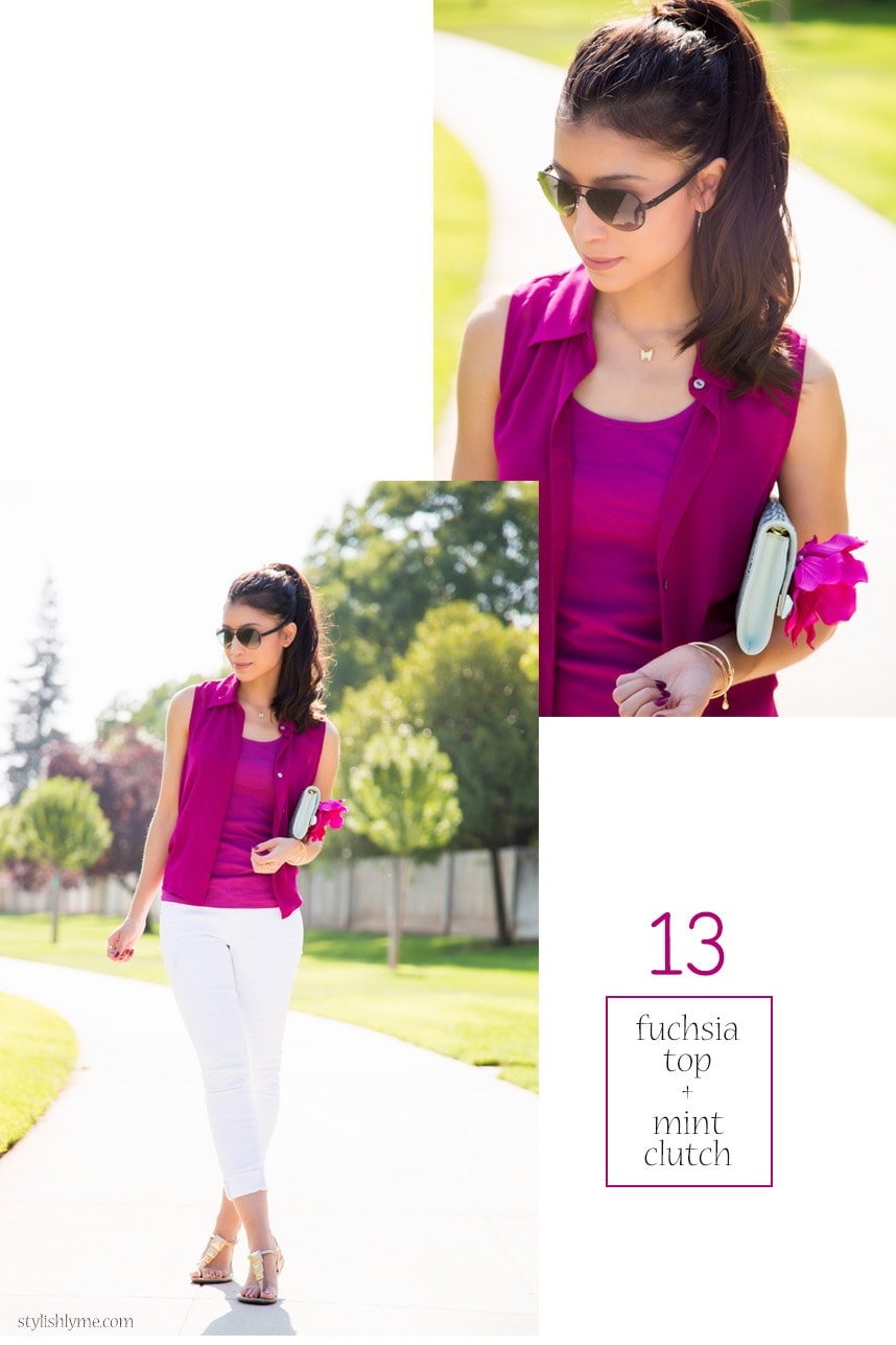 White jeans with a pop of fuchsia - 15 Stylish Ways to Wear White Jeans