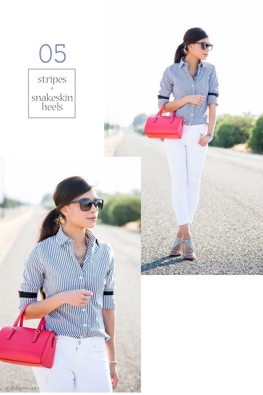 White jeans outfit, striped button down and a pop of color - 15 Stylish Ways to Wear White Jeans