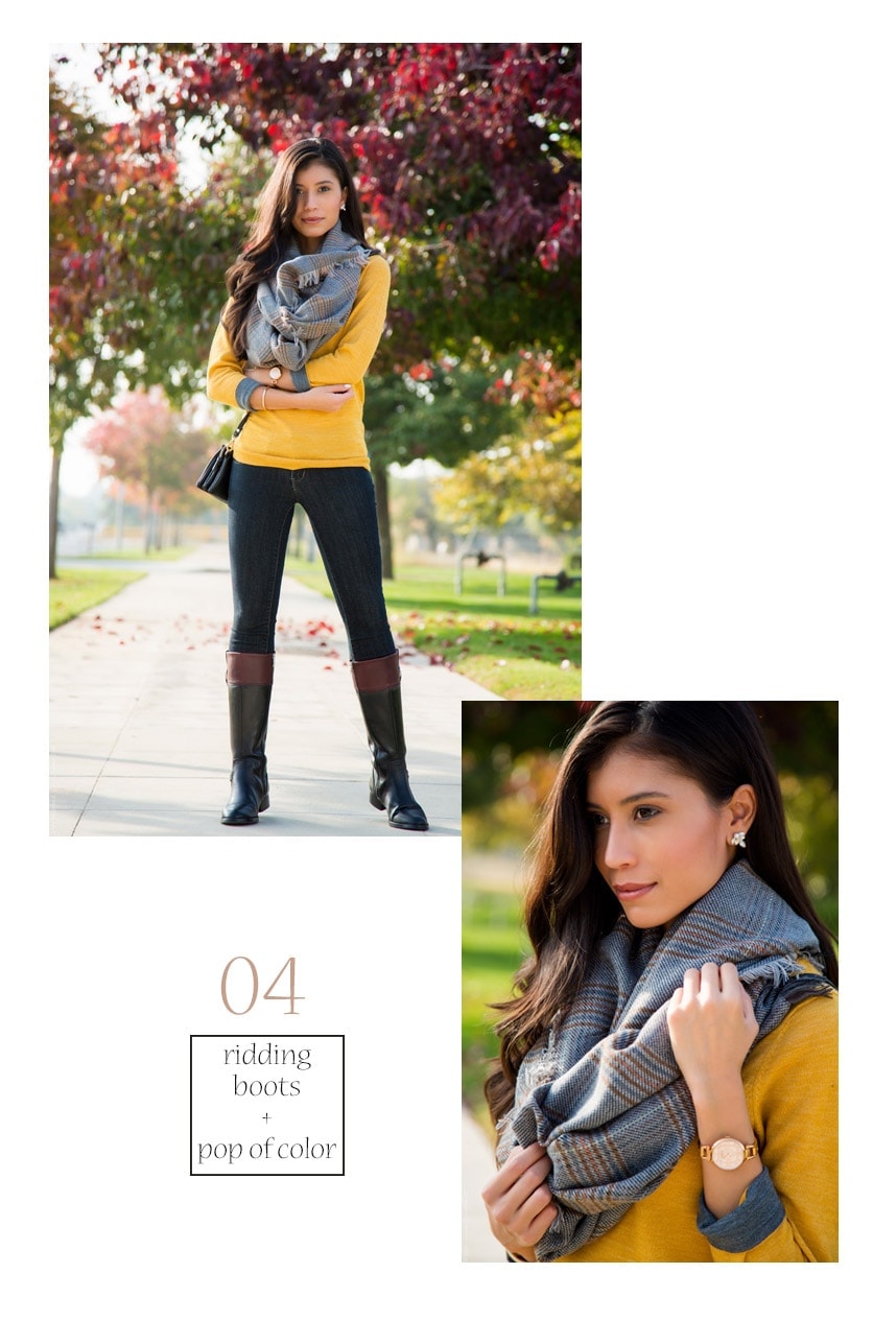 Scarf Outfit #4 For a nice fall outfit pair a mustard yellow sweater with plaid scarf and riding boots - Visit stylishlyme.com to see 27 Stylish Ways to Wear a Scarf!