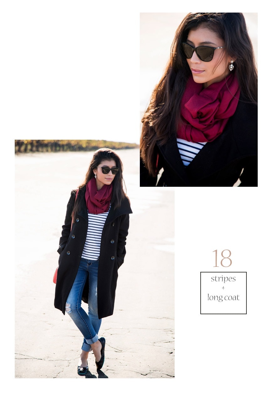 Scarf Outfit #18 Pair a burgundy scarf with classic stripes, flats and distressed denim - Visit stylishlyme.com to see 27 Stylish Ways to Wear a Scarf!