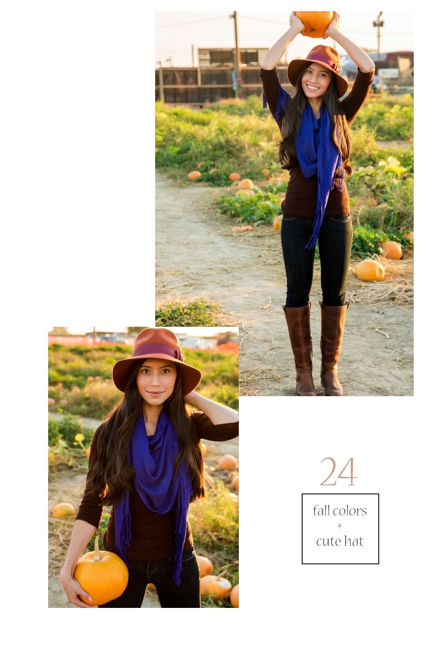 Scarf Outfit #24 For a fun pumpkin patch outfit wear a jeweled toned scarf with coordinating fall colors - Visit stylishlyme.com to see 27 Stylish Ways to Wear a Scarf!