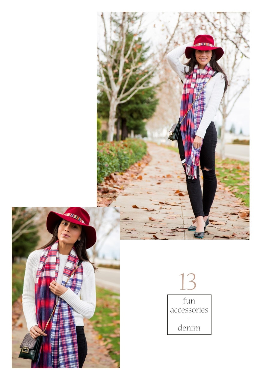 Scarf Outfit #27 To get into the Fall Holiday spirit pair a plaid scarf with fun accessories and distressed denim - Visit stylishlyme.com to see 27 Stylish Ways to Wear a Scarf!