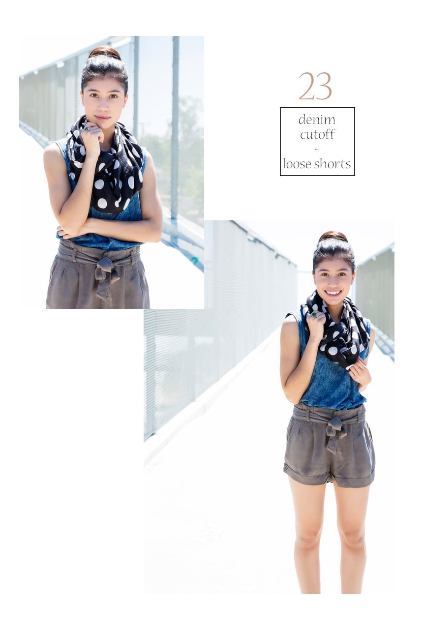 Scarf Outfit #23 Pair a cute polka dot scarf with denim shirt and slouchy shorts - Visit stylishlyme.com to see 27 Stylish Ways to Wear a Scarf!