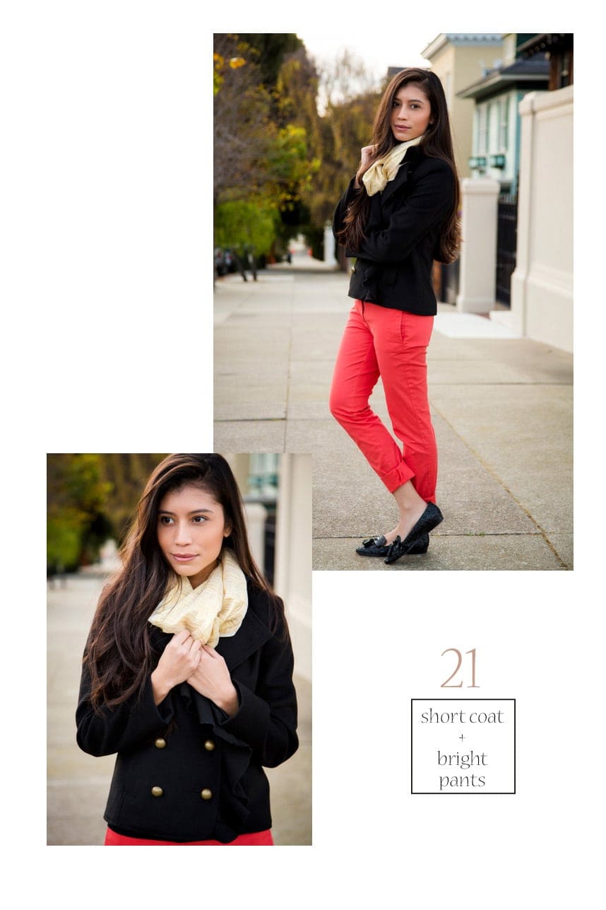 Scarf Outfit #21 During the holidays wear a gold scarf with a bright pair of trousers - Visit stylishlyme.com to see 27 Stylish Ways to Wear a Scarf!