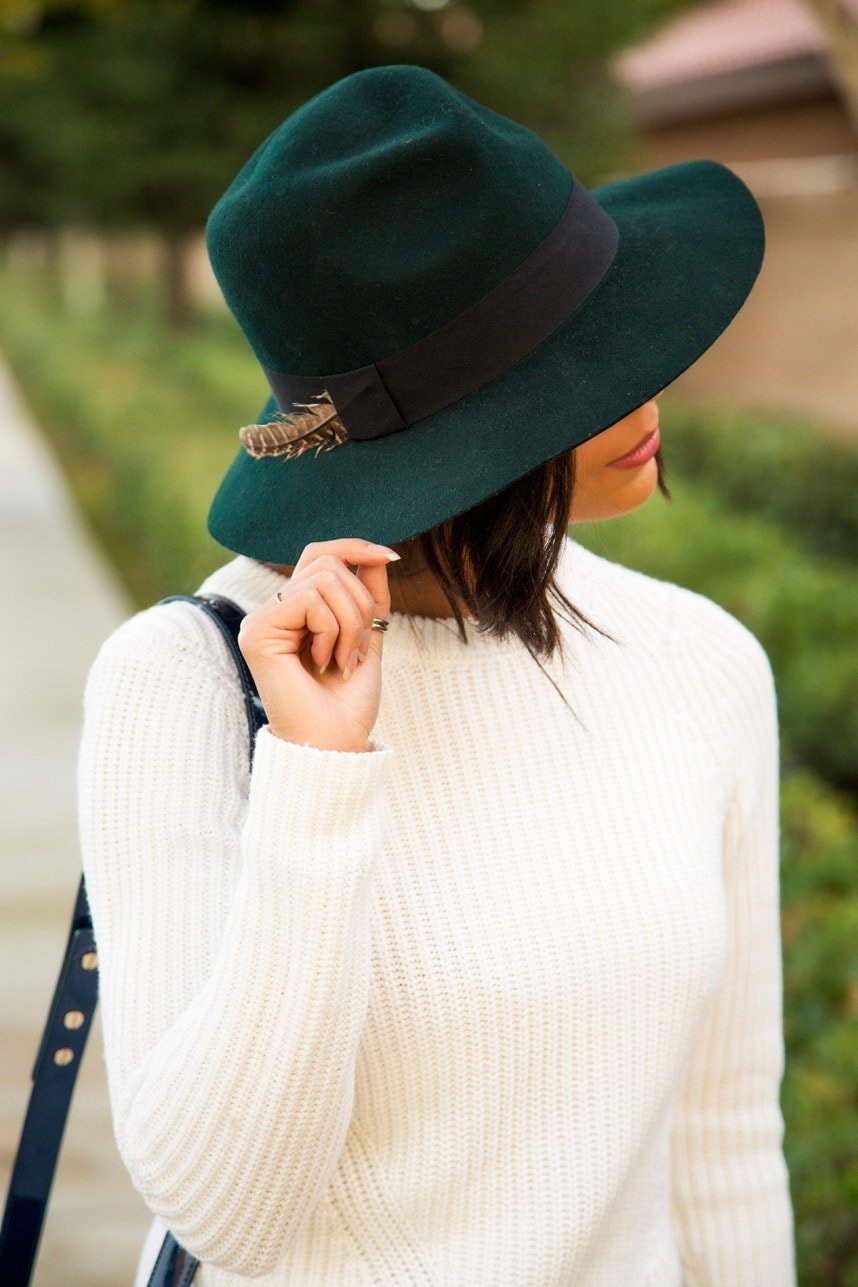 How to Wear a hat this fall- Visit Stylishlyme.com to read tips on shopping for over the knee boots and how to wear them