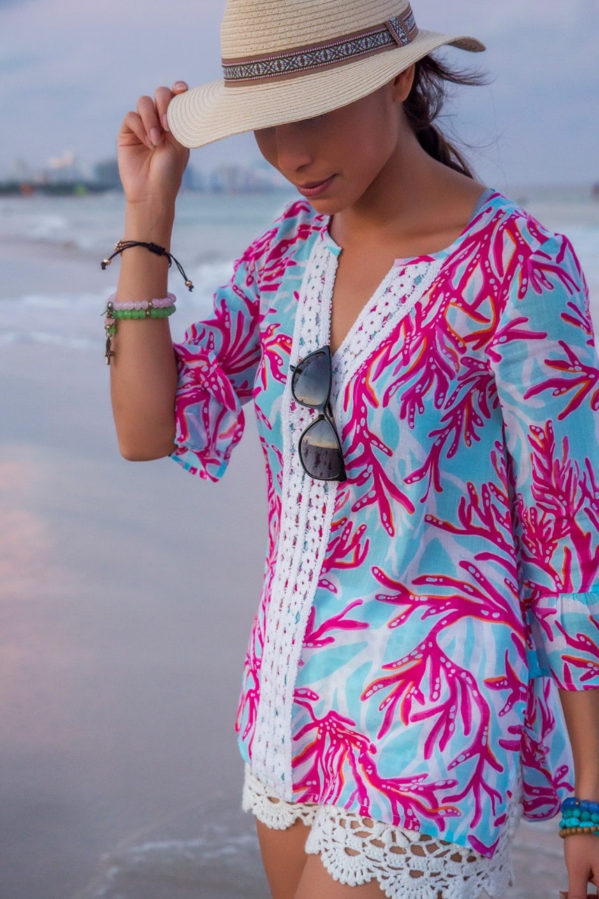 Pink and blue beach top- Visit stylishlyme.com to see more pictures and read about stylish beach attire