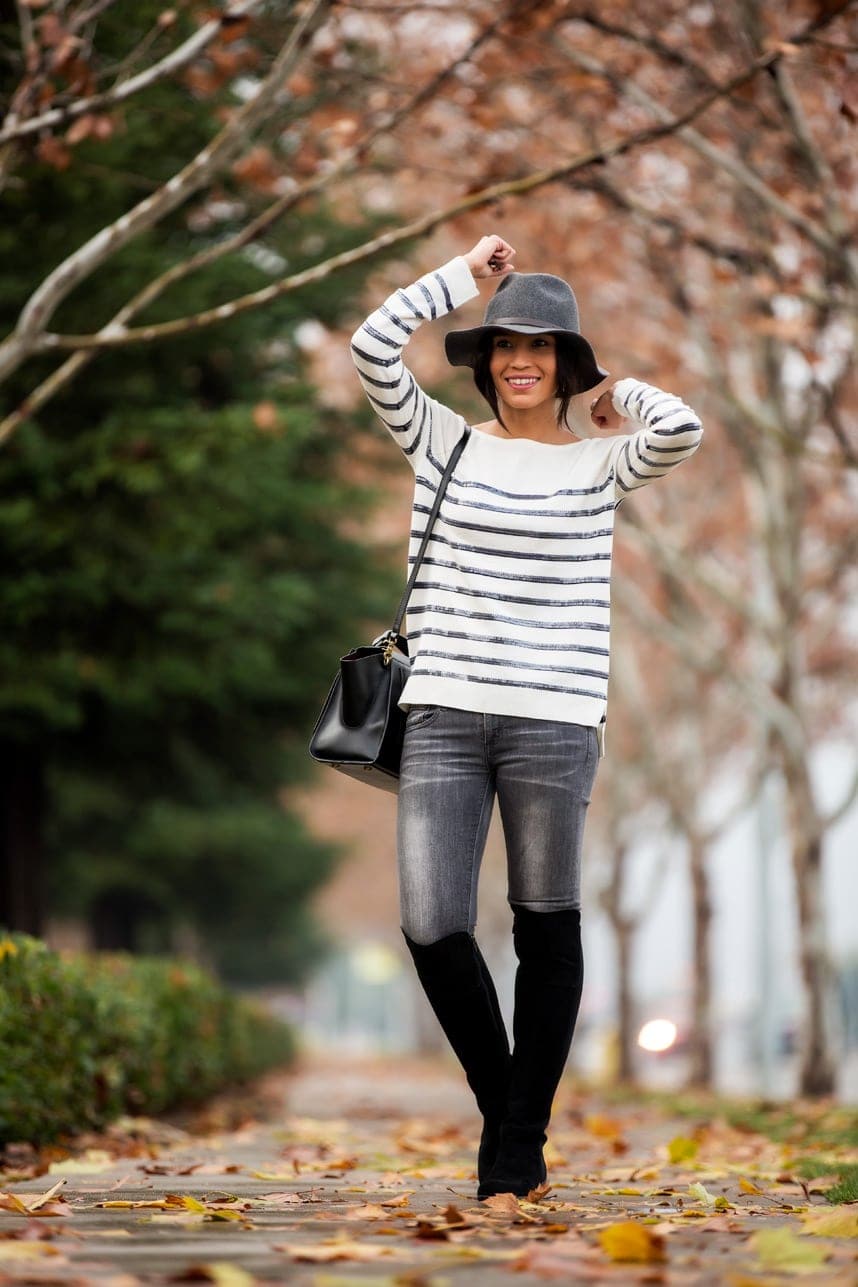 stylish gray jeans outfit - Visit Stylishlyme.com to see read some tips on how to wear gray jeans and boots 