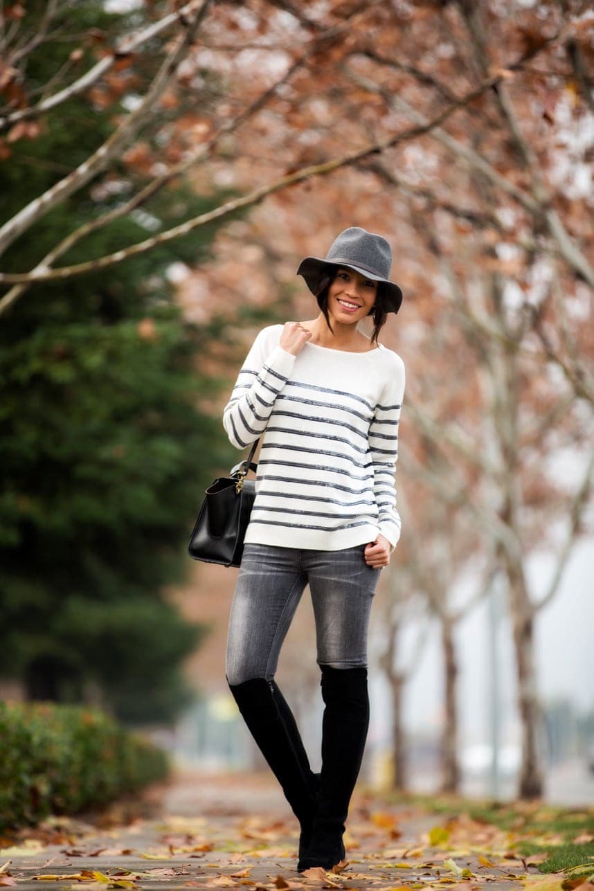 what to wear with grey jeans in the fall - Visit Stylishlyme.com to see read some tips on how to wear gray jeans and boots 