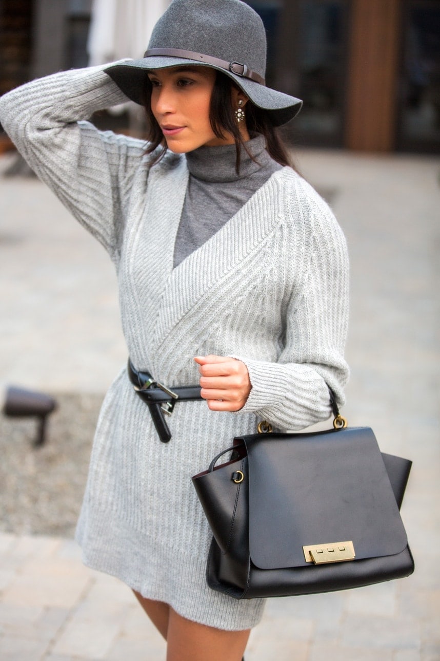 Stylish way to wear a grey sweater dress- Visit Stylishlyme.com to read some style tips on how to wear a sweater dress