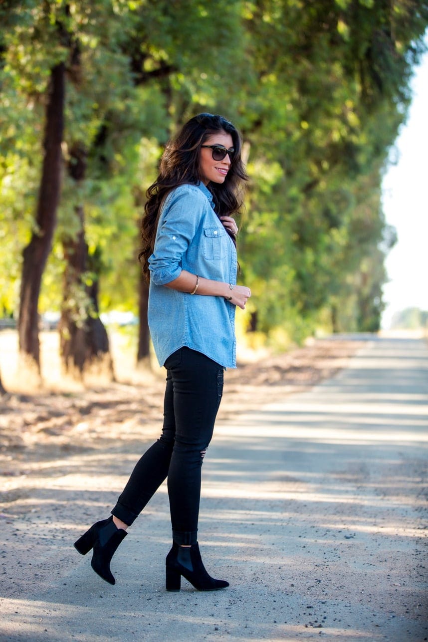 black jeans and denim shirt outfit